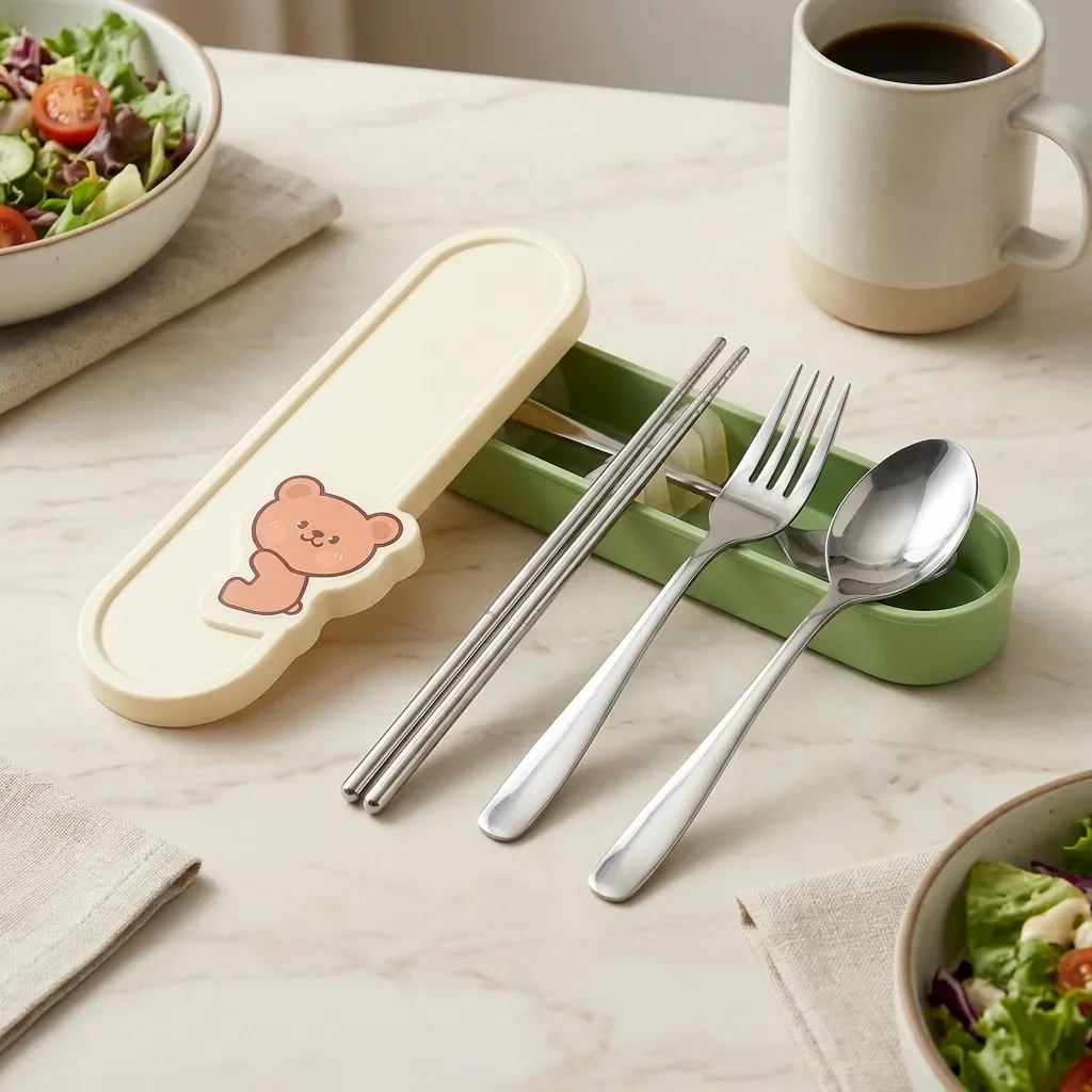 Portable Stainless Steel Cutlery Set Reusable Spoon Fork Chopsticks with Case Travel School Student Camping Tableware Silverware