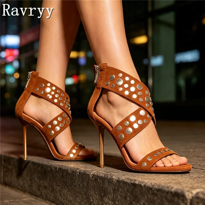 Women Brown Suede High Heel Sandals Square Toe Silver Metal Rivets Back Zipper Stilettos Elegant Party Evening Dress Pumps
