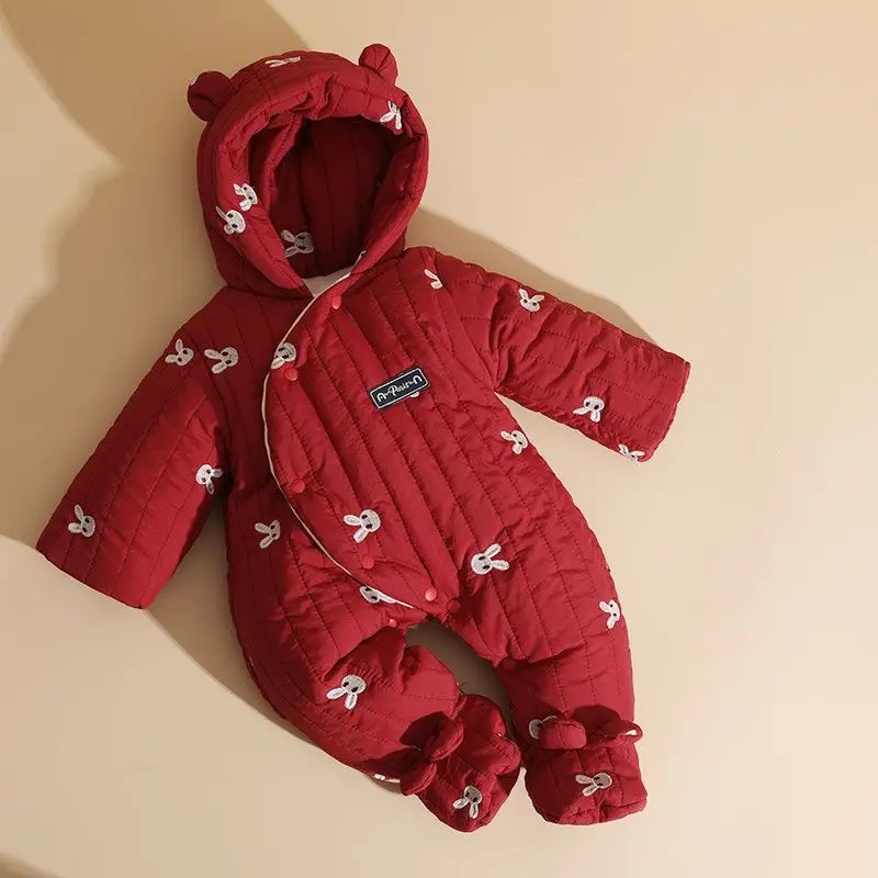 Baby's New Year Clothes, Winter Style, Festive and Velvet Wrapped Baby Clothes, Cotton Padded Jumpsuit, Thickened