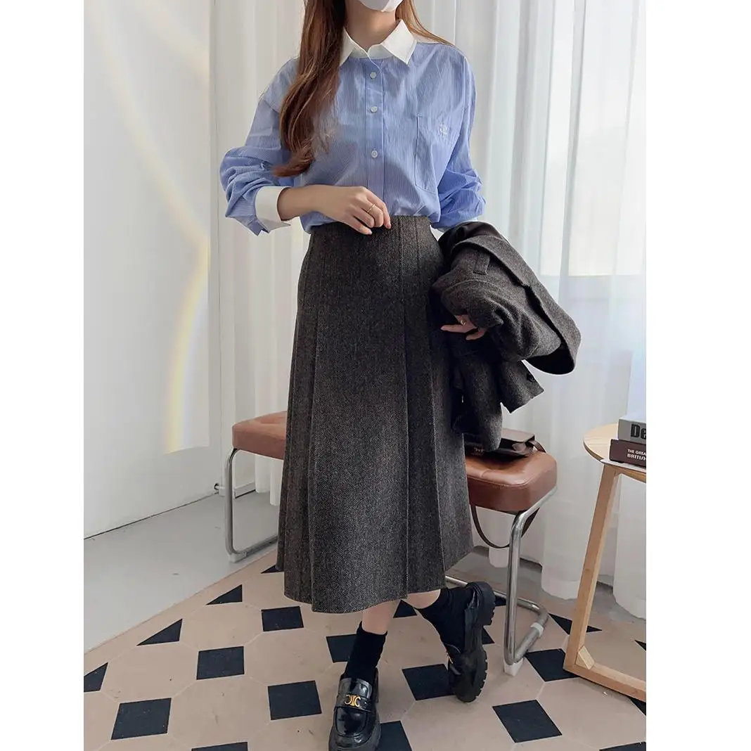 

Ретро Briti 25, осенний эланд, шерстяной костюм в клетку с рисунком, джет с плиссированной юбкой, цвета футболки, женские поездки на работу...