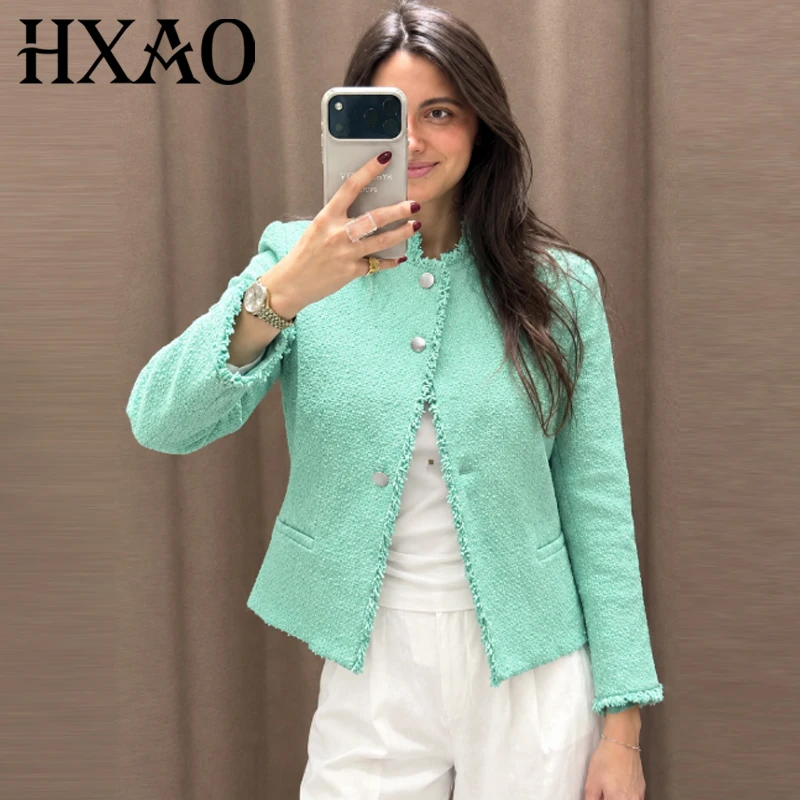 HXAO Women's Crop Tweed Jacket Autumn 2026 Fashion Mint Green Asymmetric Button Long Sleeve Blazers Office Wear Women Outerwears