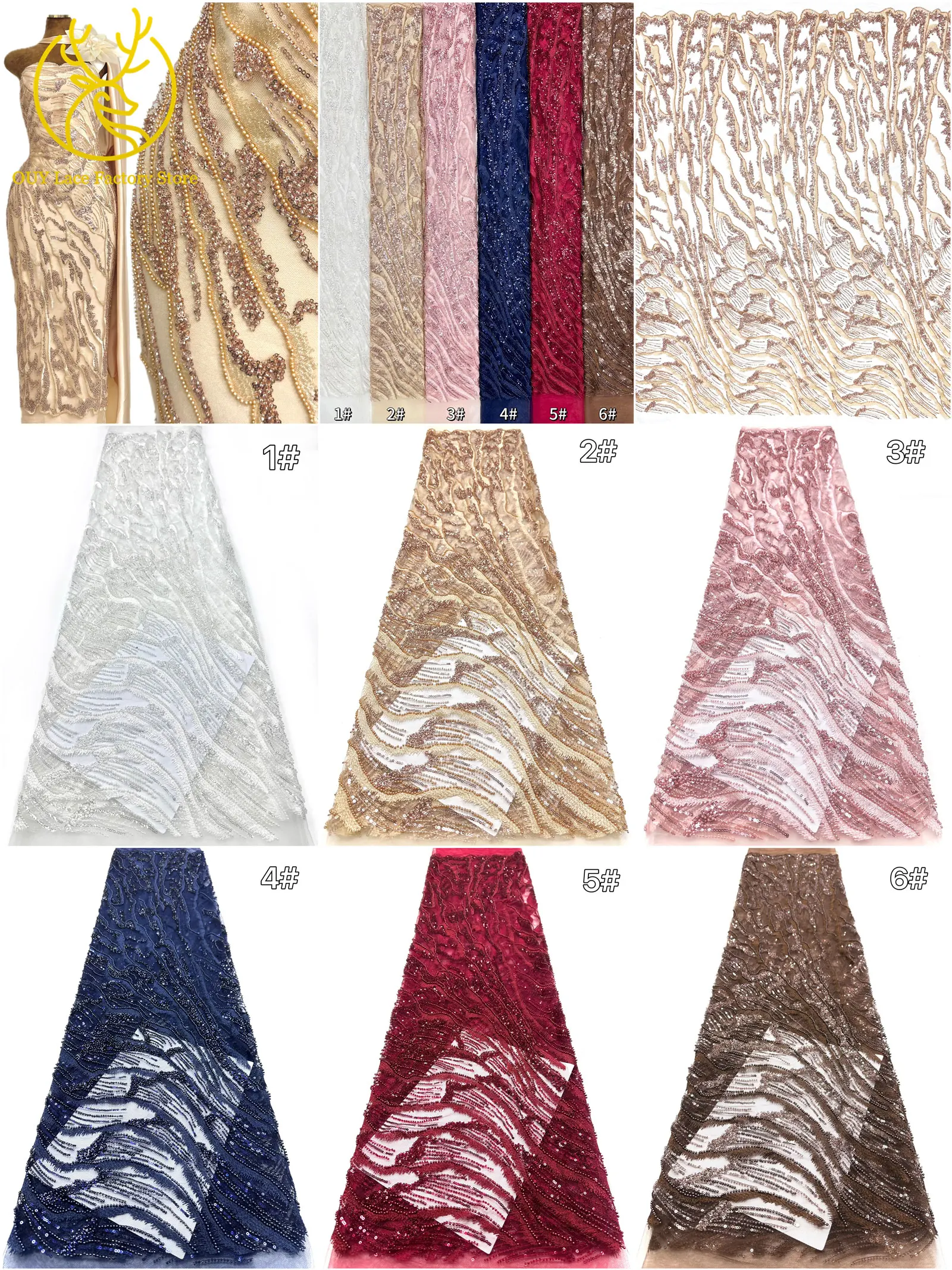 Afrikanischer Brautkleid-Spitzenstoff mit Stickerei und Perlen, französischer Netzspitzenstoff, nigerianischer Tüllspitzenstoff für Hochzeitskleider und Partykleider zum Nähen – Detail 3