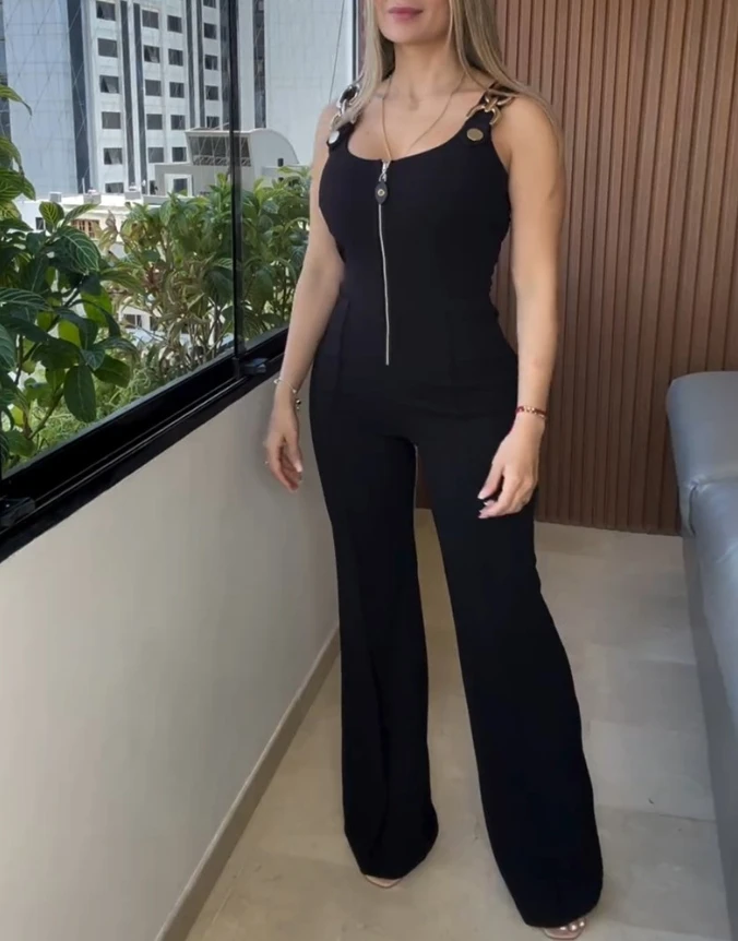 Women's Sexy Jumpsuit 2024 Summer Autumn Latest Chain Zipper Design U-Neck Bodysuit Solid Color Thick Shoulder Strap Romper