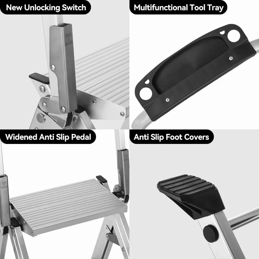 Escabeau Pro avec plate-forme à outils, tabouret pliant en aluminium à 3 marches avec pédale large antidérapante, pieds en caoutchouc, multi-léger