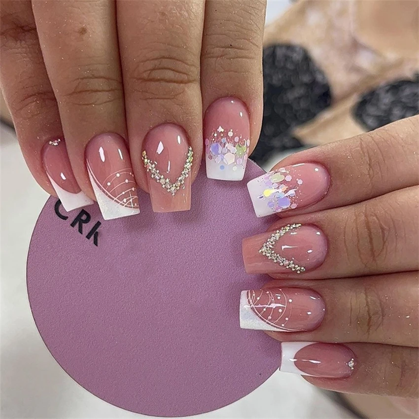 24pcs/set Medium Rectangular Flash Diamond Fake Nail Finished Product Sky Blue Press on Nails Art Tip Full Removable False Nails