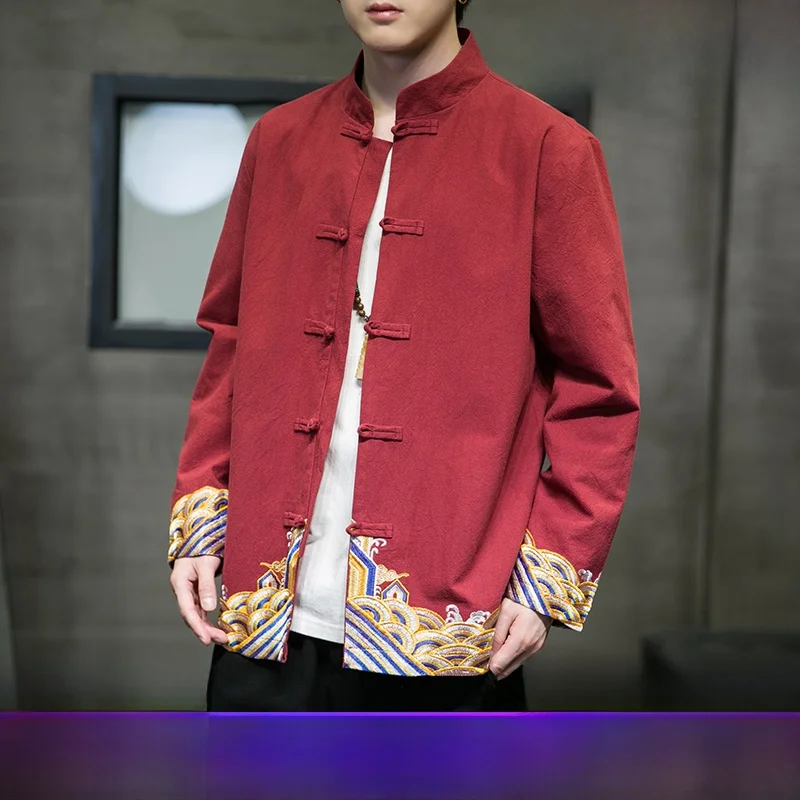 

Весенне-осенний мужской костюм-жакет с вышивкой в китайском стиле, верхняя одежда для выступлений, большие размеры, для жениха, брата, в стиле Ханьфу