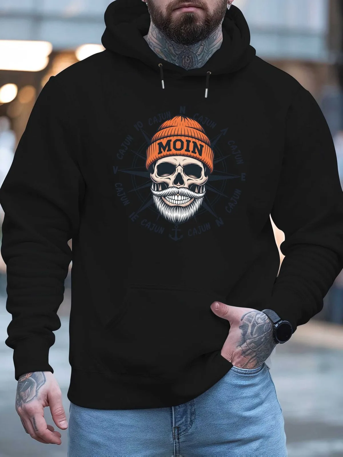 سويت شيرت بقلنسوة مطبوع عليه لحية سوداء كاجوال للرجال مع سمك شارع فضفاض وبلوزات علوية هدية