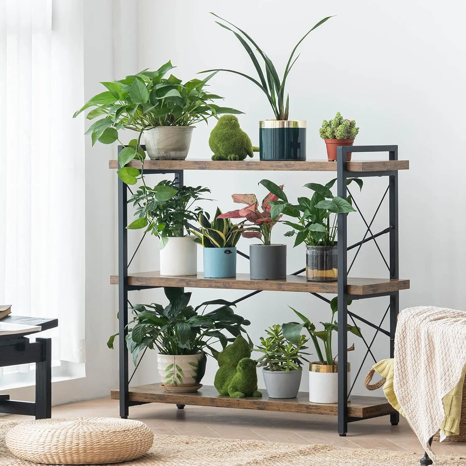 HCHQHS Bookshelf, 3-Tier Industrial Bookcase, Rustic Open Book Shelf, Wood and Metal Horizontal Bookshelves