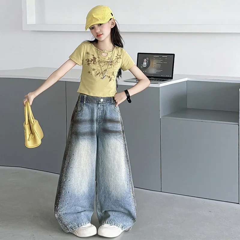 Girls' American Retro Rhinestone Jeans Kids Straight Denims Pants Stretch Children's High Waist Washed Streetwear Trousers