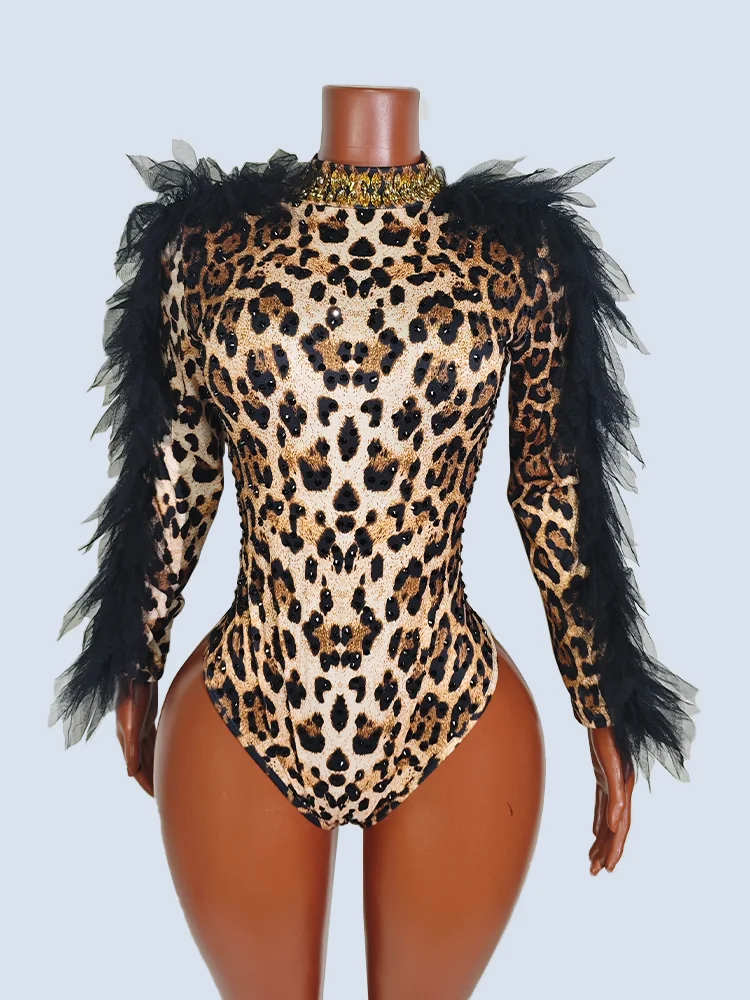 ليوبارد طباعة الأسود الراين ارتداءها طويلة الأكمام مثير Showgirls فريق المرحلة زي ملهى ليلي GOGO ملابس الرقص عيد ميلاد DJ #3