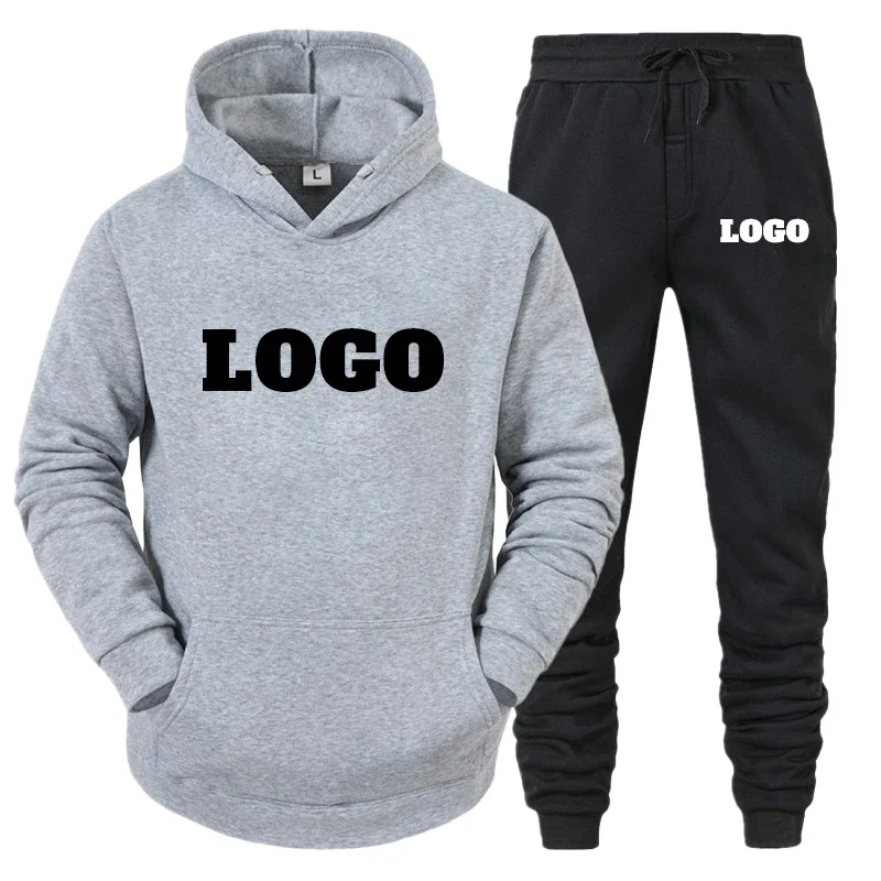 Men's customized logo sportswear, hooded sweatshirt and pants set, running and casual sportswear, 2 pieces.