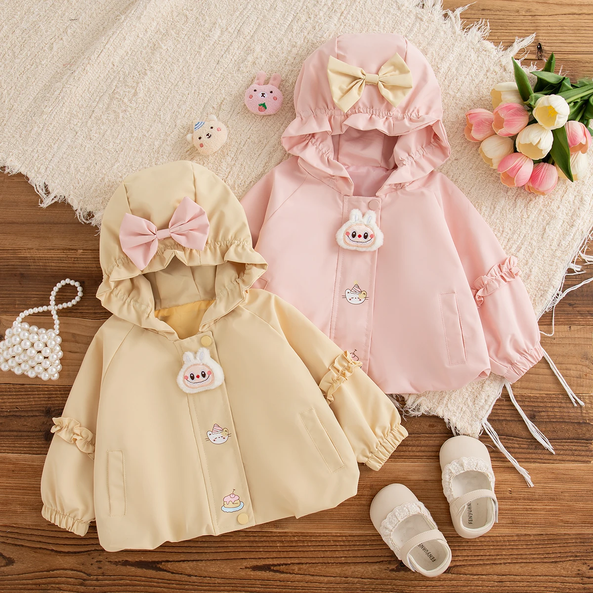 

Baby Girl Outerwear Spring And Autumn Solid Color Bow Hooded Baby Girl Jacket Cartoon Windproof And Warm Girl Top Baby Clothing