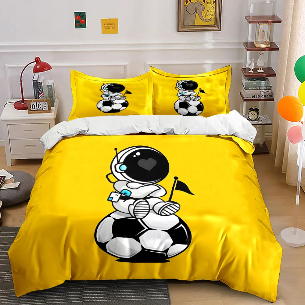 

Cute astronaut sitting on soccer ball Print Bedding Set 1 Duvet Cover 2 Pillowcases for Adult and Children Luxury Gift Full Size