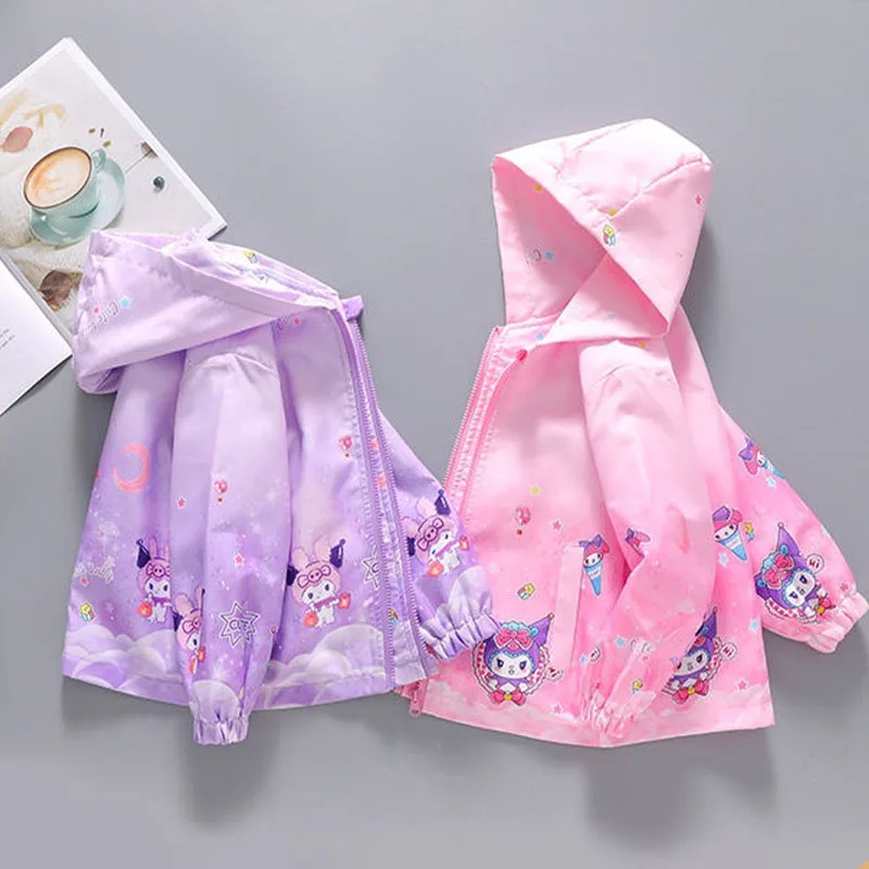 Casaco de manga comprida Sanrioed Kuromi para meninos e meninas, casaco impermeável, roupas infantis, casaco casual, capuz estampado com flores, outwear, moda