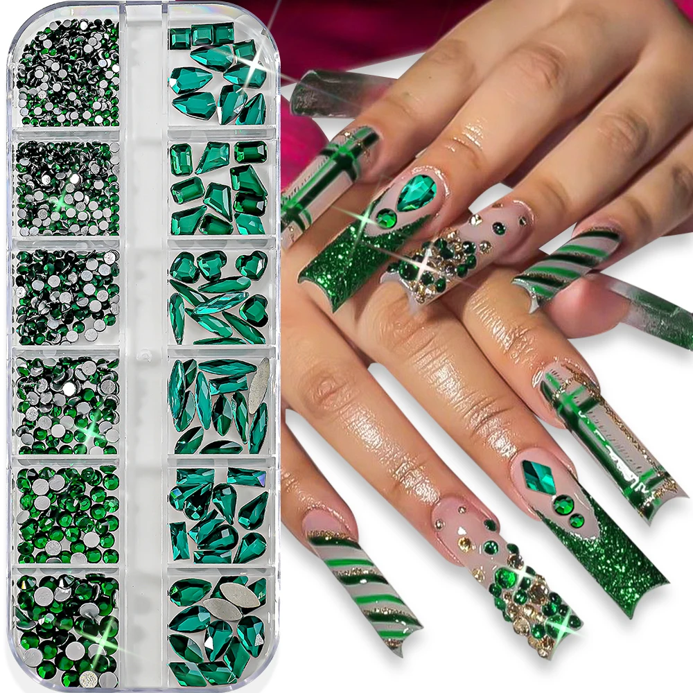 1 scatola di strass rotondi piatti e grandi forme di strass per unghie 3D verde stile natalizio ciondoli per nail art decorazione per nail art