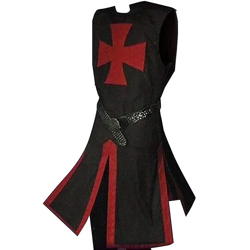 Medieval Knight Pirate Prince Gothic Retro Hooded Cloak Capes Waist Slit Splicing Men's Tops Stage Costume Knight Templar Cloth