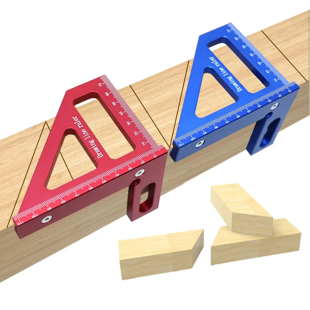 Aluminum Alloy Red Miter Triangle Ruler 45°/90° Woodworking Square Protractor - 3D Multi Angle Layout Measuring Tools