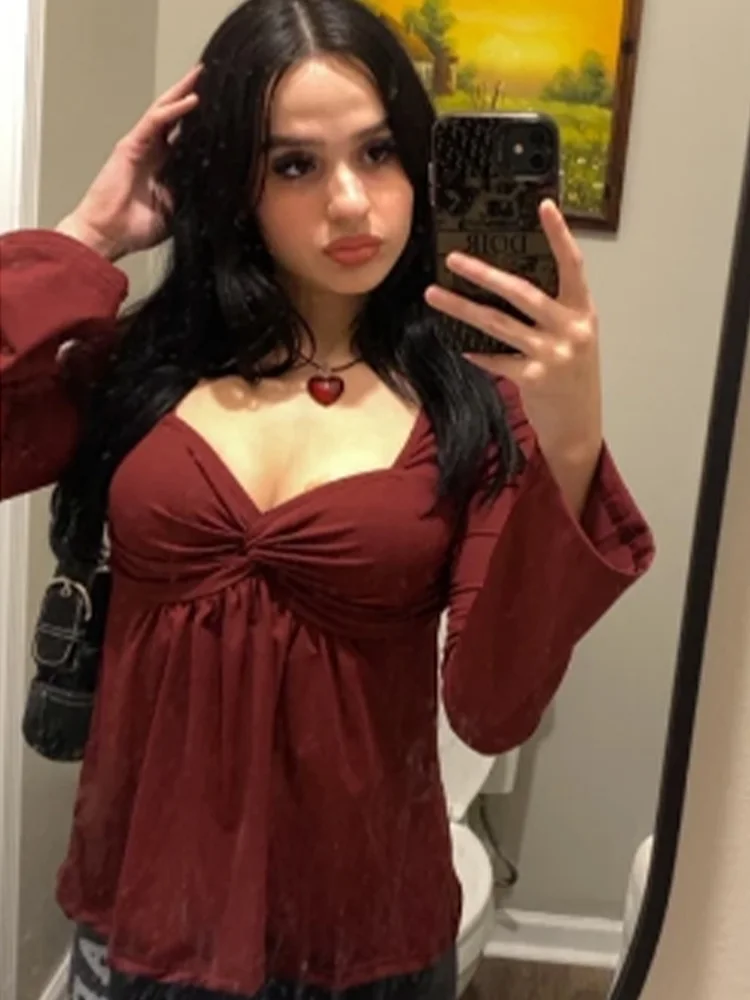 

HH Woman Fashion V-Neck Knot Decoration Long Sleeves Waist Tops Female Versatile Commuting Zipper Pleated Summer Solid T-shirt