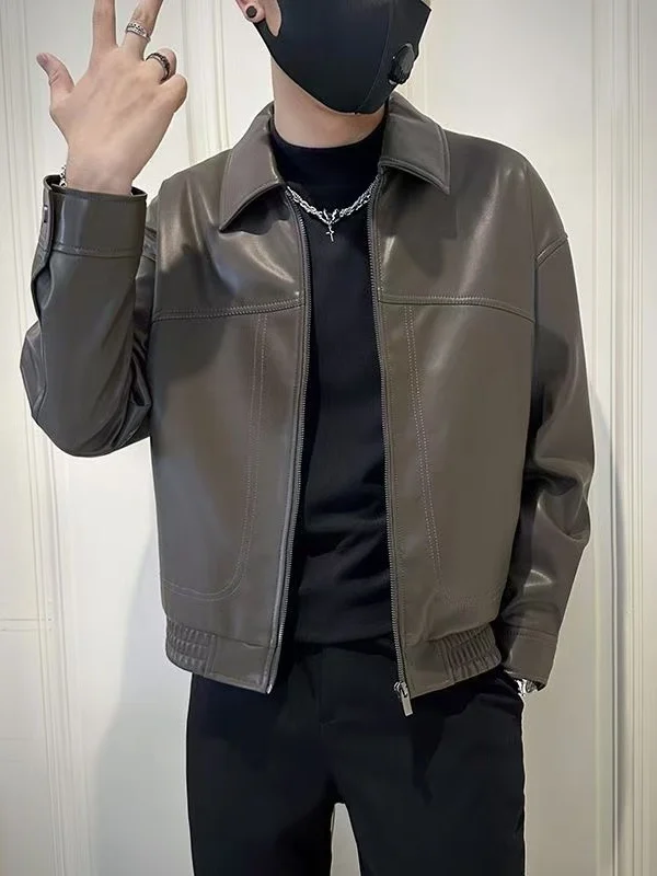 

ort Pure Color Men's PU Leather Jaet Sli Biker Coat Casual Slim Fit Youthful Sle Autumn Season Faion Outerwear