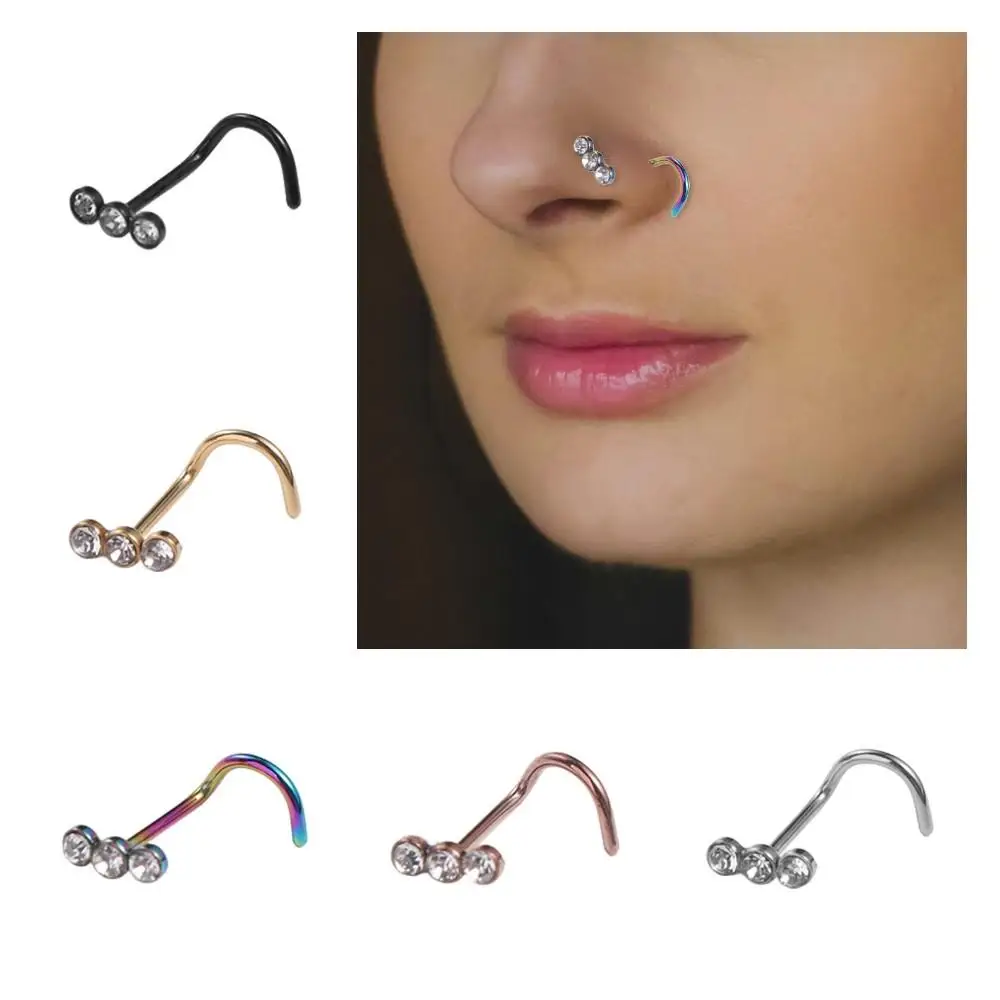Punk Stainless Steel Zircon Nose Screw Studs Geometric Multicolour Opal Nostril Body Piercings Jewelry Party