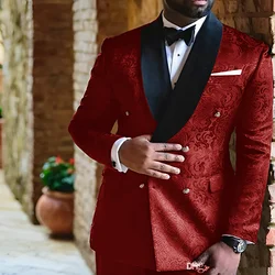 Red embroidery Wedding Mens Suits Double Breasted Custom Slim Fit Groom Tuxedos Shawl Lapel Two Piece Jacket Pants Male Blazer