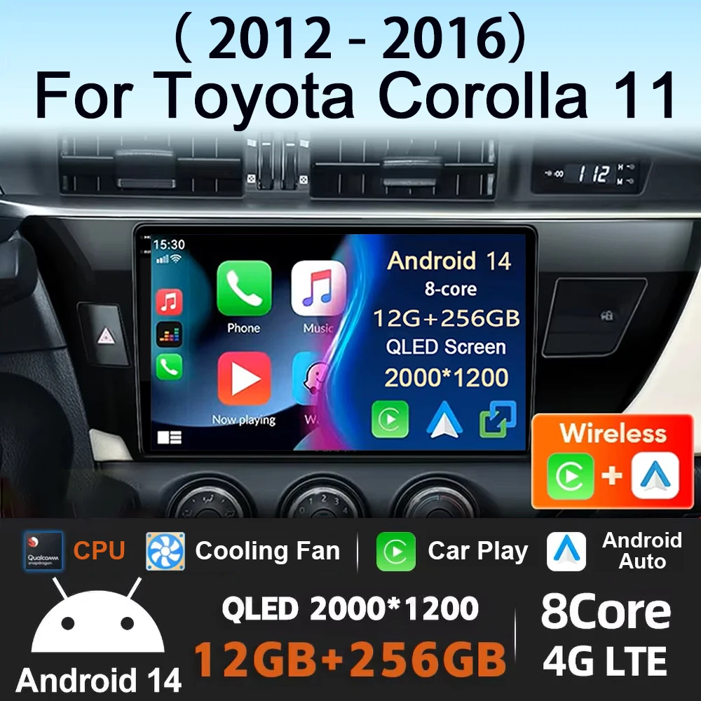 

12G + 256G Автомобильный радиоприемник для Toyota Corolla 11 2012-2016 E170 E180 Carplay Android 14 авто Автомагнитола Мультимедийный плеер 4G wifi DSP