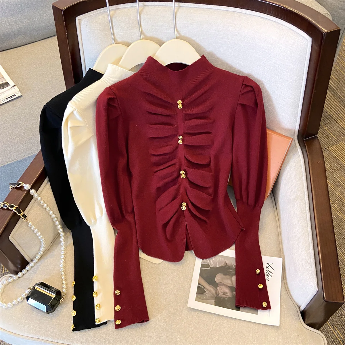 2024 Autumn Stylish Elegant Knit Sweater Tops Puff Sleeve Half High Collar Knitwear Slim Fit Fashion Chic Solid Ladies Jumpers