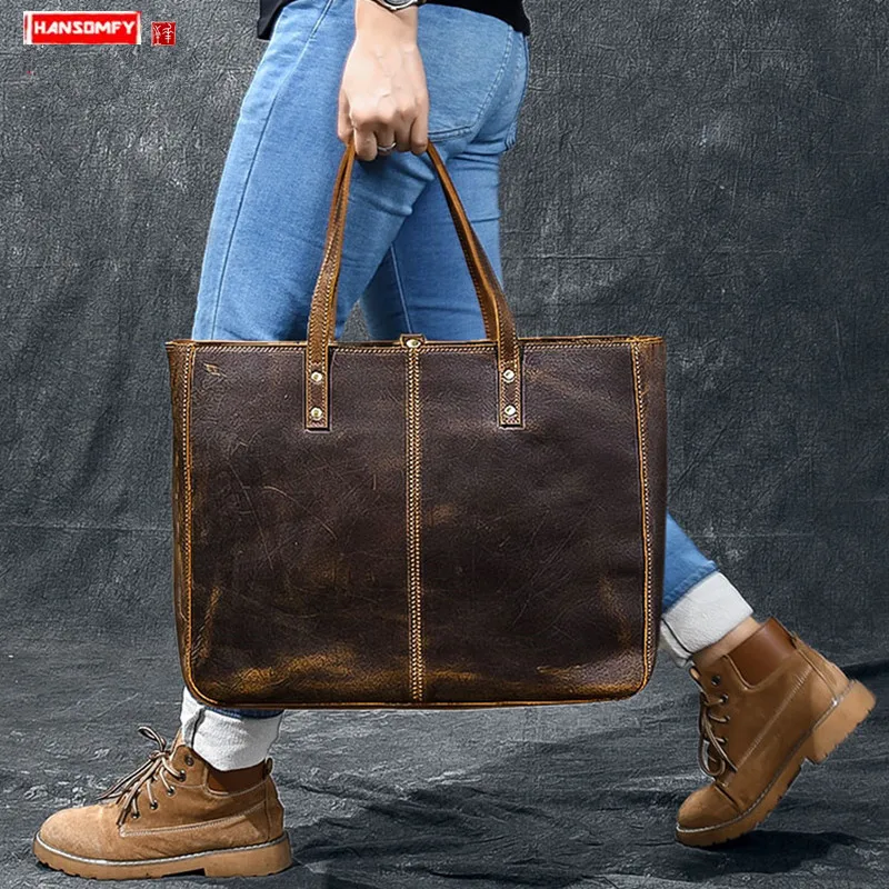 

Large Capacity Men's Handbag Horizontal Section Tote Bag European and American Retro Handmade Crazy Horse Leather Vintage Soft