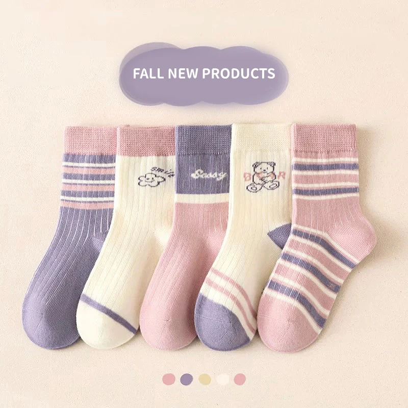 

5 Pairs Cute Bear Pattern Children Girls Half Socks Striped Letter Casual Cotton Solid Elastic Skin-friendly Cozy Soft Kids Sock