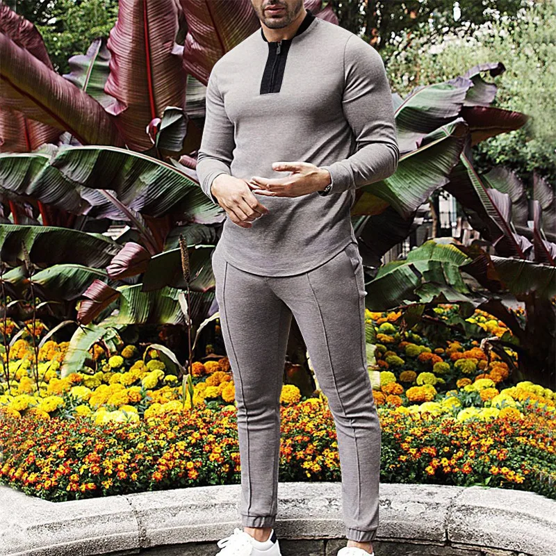 

European American Men's Solid Color Slim Casual Trendy Simple 2 Piece Sets O-neck Pullover Sweatshirts Trousers Male Clothes