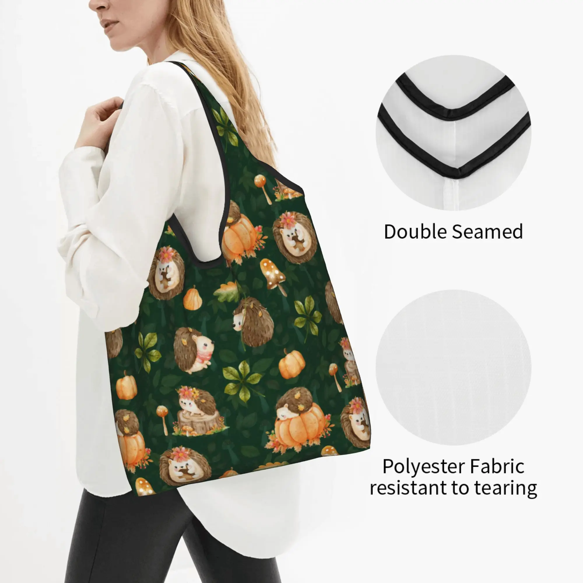 Hedgehog Furze Pig  Groceries Shopping Bag Cute Shopper Tote Shoulder Bag Large Capacity Autumn Leaves And Pumpkins Handbag