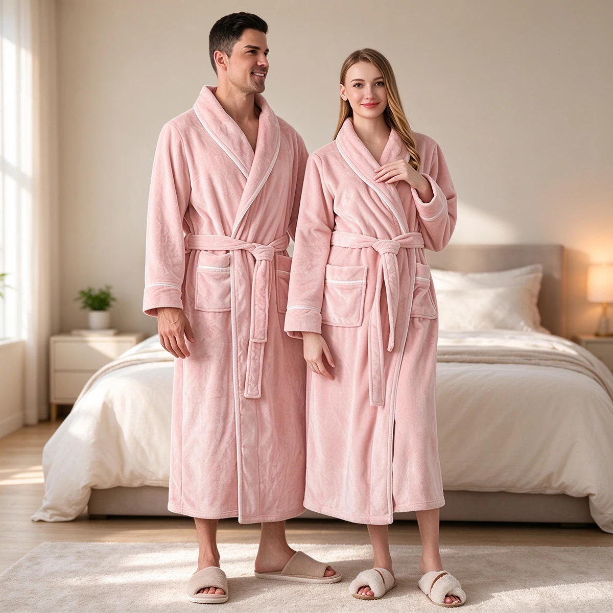 Paar-Bademantel für Damen und Herren, Flanell-Fleece-Morgenmantel, dicker, warmer Plüschmantel mit Schalkragen und Gürtel, Winter-Schlafanzug, Loungewear – Detail 6
