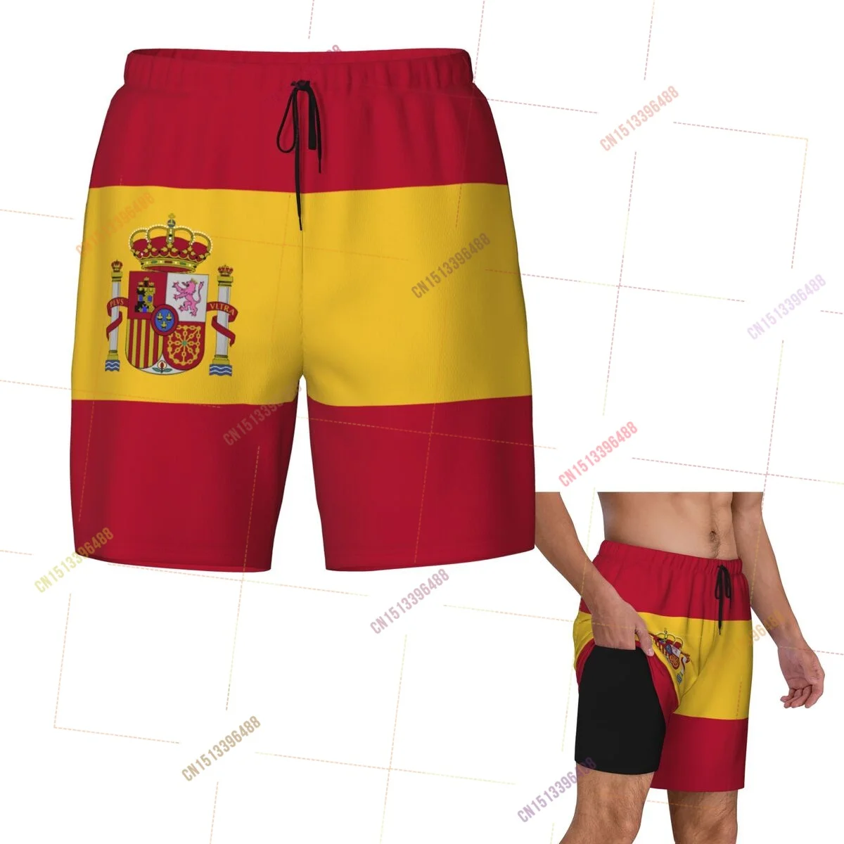 

2026 Spain Flag Top Print 3D Mens Swimming Trunks Hawaiian Bathing Beach 2 in 1 Quick-Dry Summer Swim Shorts With Pockets