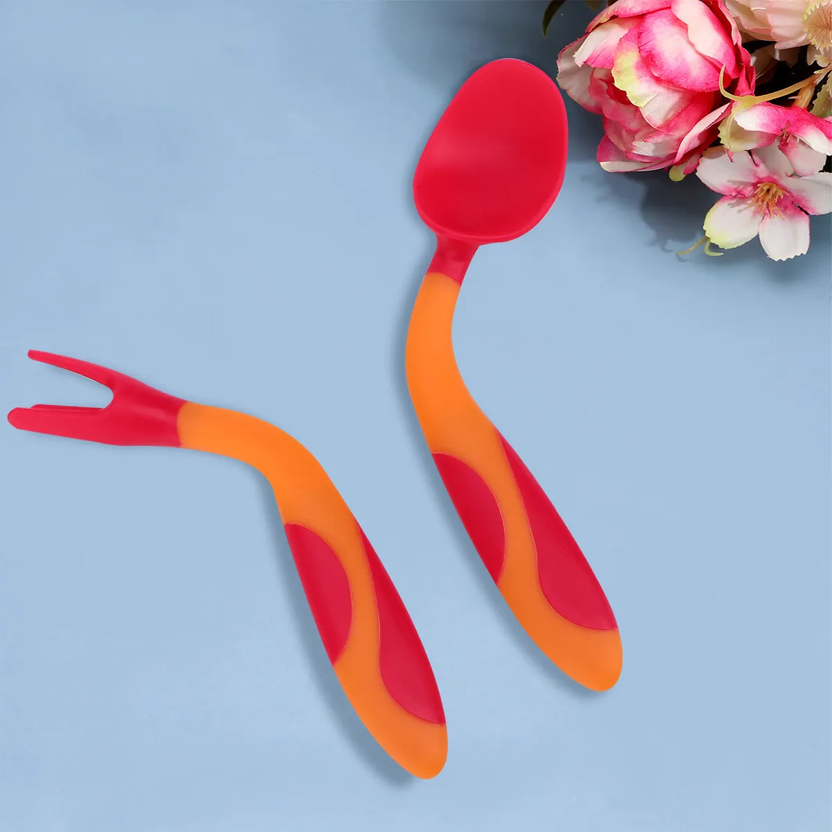 

1Set Kids Training Tableware Curved Easy Grip Spoon Fork Baby Learning Tableware for Toddlers Non Slip Handle High Temperature