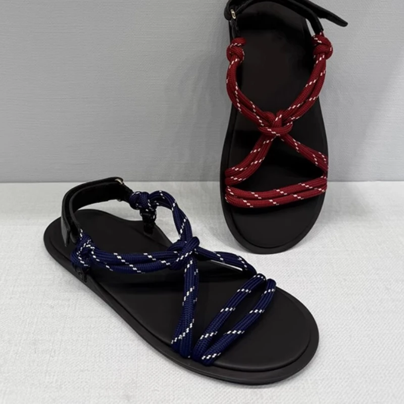 

Newest Leisure Beach Woven Shoes Open Toe Flats Red Blue Straps Braided Women Summer Outside Footwears