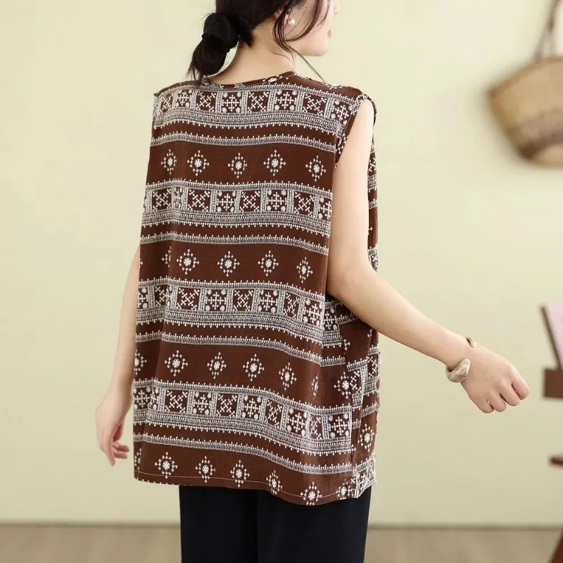 Bohemian Ethnic Print Linen Cotton  Top Women Plus Size Loose Sleeveless Summer Blouse view 4