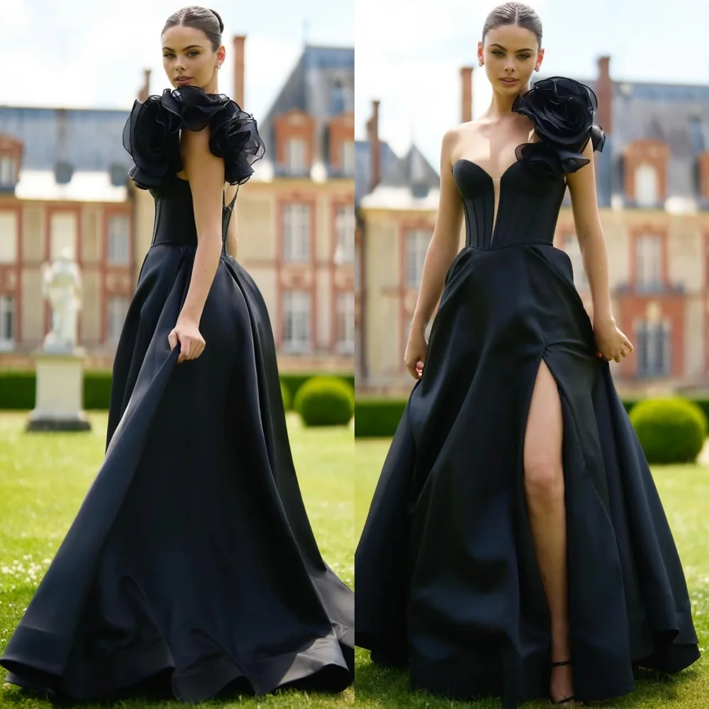

Customized Soft Black Satin Evening Dress Simple One Shoulder Sleeveless Celebrity Gowns Exquisite Special Occasion Gowns