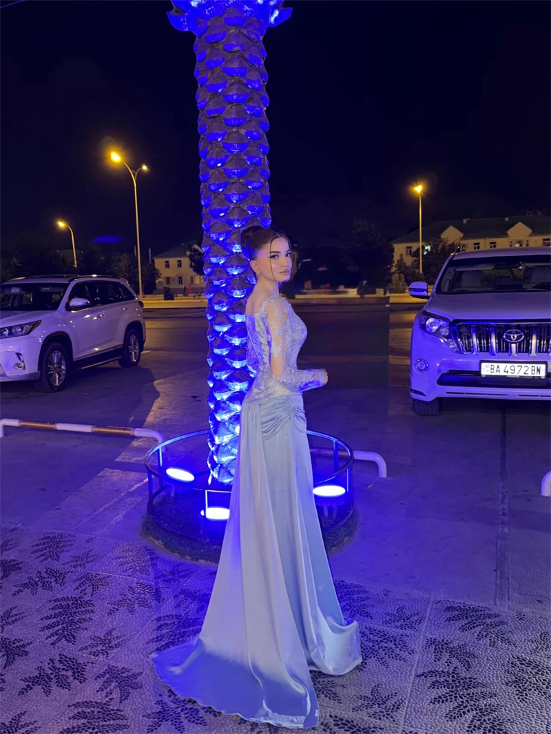 Xijun Gorgeous Blue Long Evening Dresses Lace Flowers Mermaid Prom Dresses Full Sleeves Pleated Dubai Formal Prom Gown Customize