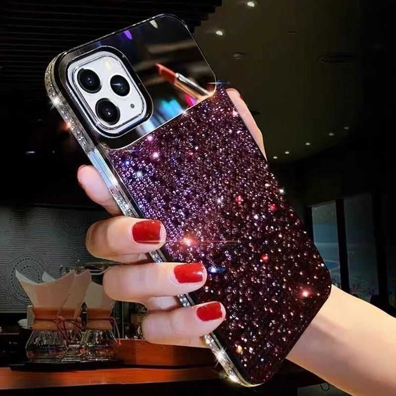 Mirror Makeup Gradient Diamond Case For iPhone 16 11 12 13 14 15 Pro Max XR XS 7 Plus Case Luxury Bling Glitter Rhinestone Cover