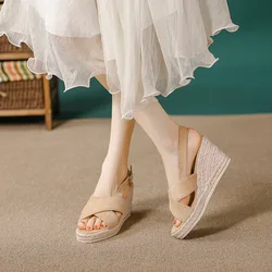 Sandals Elastic Band 2025 Summer Straw Shoes Women Large Size Block Heels Slip-on Handmade Multicolored Big Closed Outside Chunk