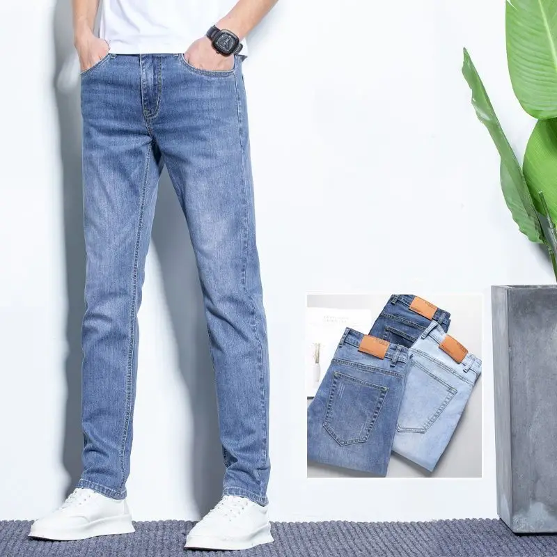 

Модная корейская одежда, синие мужские летние тонкие брюки, новинка 2025, прямые свободные эластичные светлые повседневные длинные брюки, джинсы-бойфренды