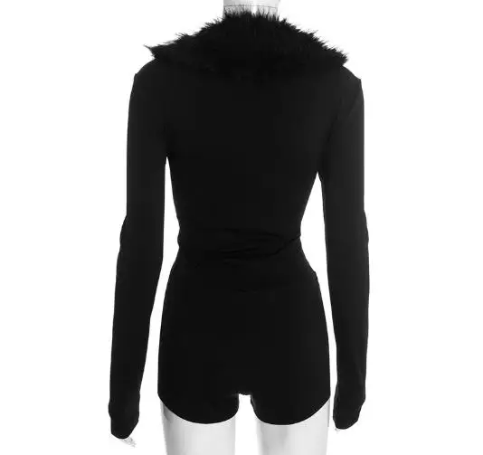 خريف جديد بلون عميق الخامس الرقبة الفراء طوق الديكور الخصر التخسيس أخفى مشبك ضيق بذلة بأكمام طويلة