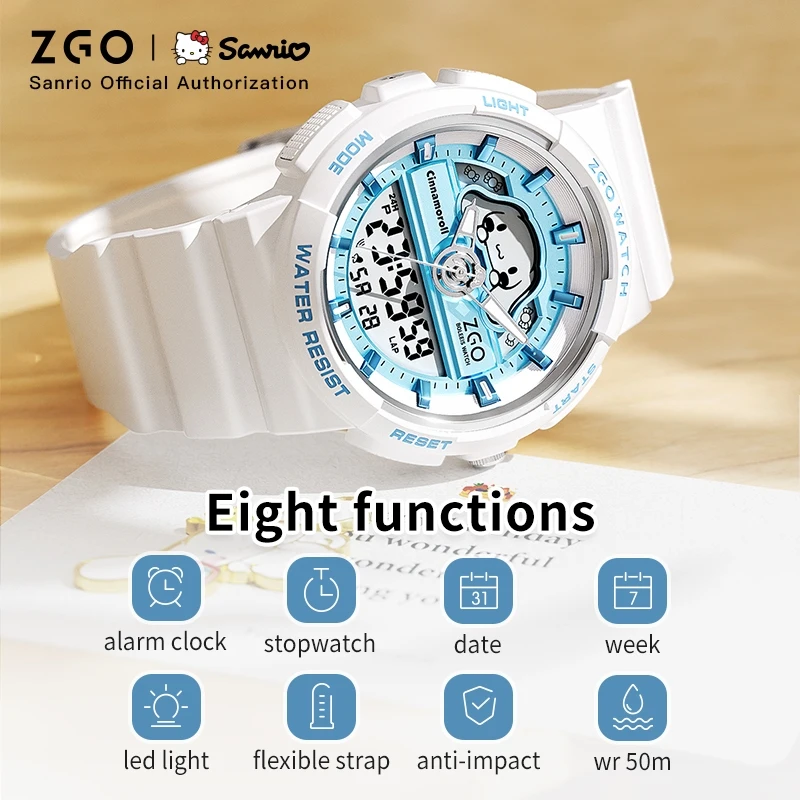 ساعات نسائية من ZGO X Sanrio Cinnamoroll ساعة كوارتز رياضية إلكترونية مقاومة للماء بشاشة مزدوجة ساعة رقمية للهدايا