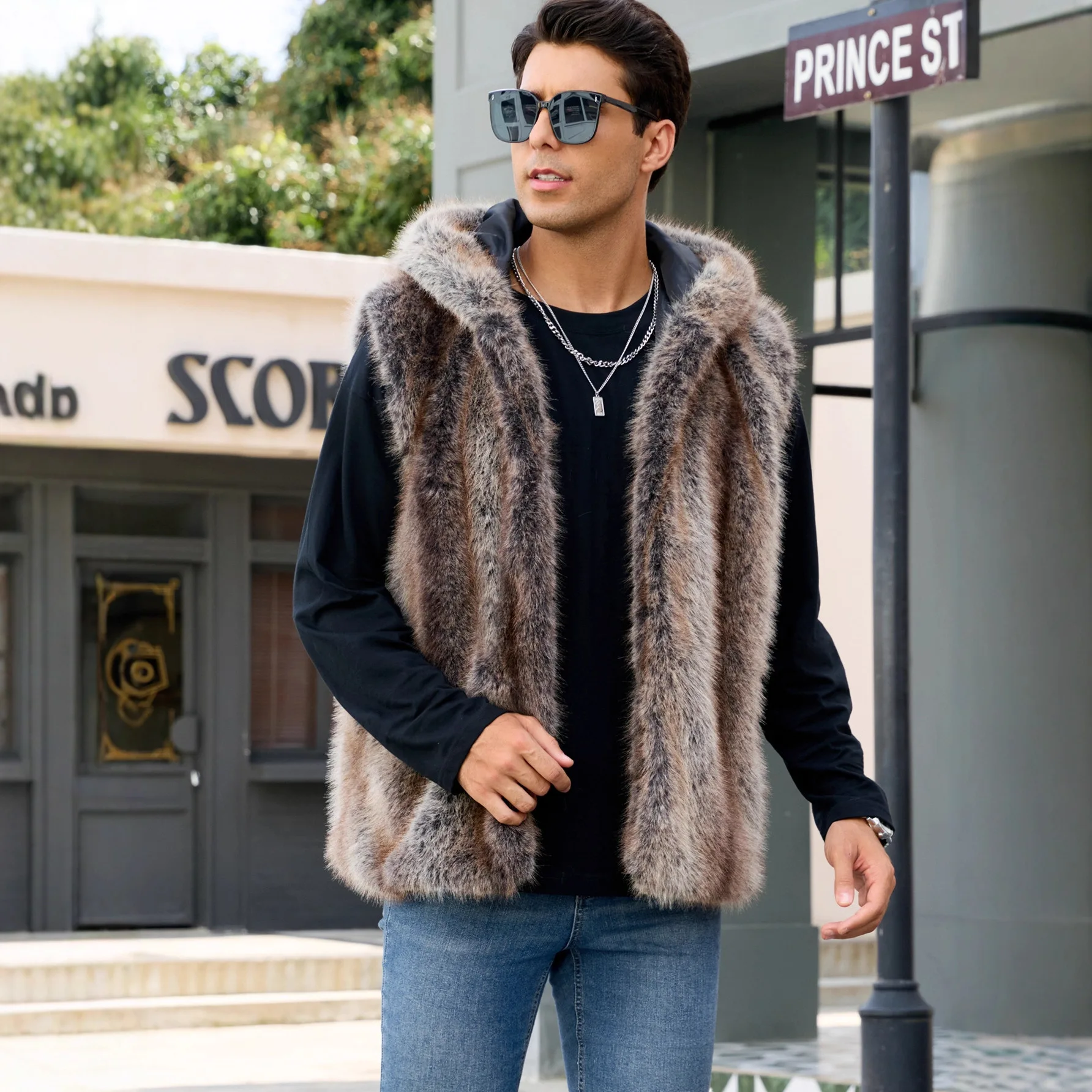 

American European Male Coats Clothes Jackets Tops Autumn Winter 2025 New Fashion Men's Brown Sleeveless Zipper Hooded Faux Coats