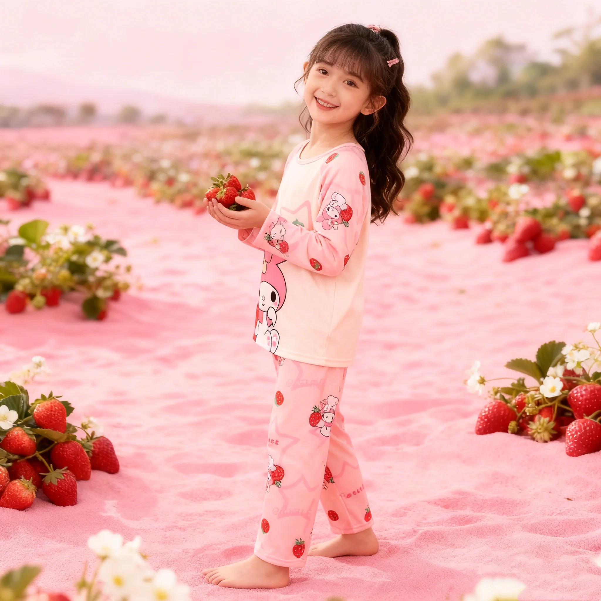 طقم بيجامة أرنب كرتوني لطيف للفتيات من Miniso - طباعة الفراولة الوردية ونجوم ورقبة دائرية وأكمام طويلة ملابس نوم مكونة من قطعتين #2