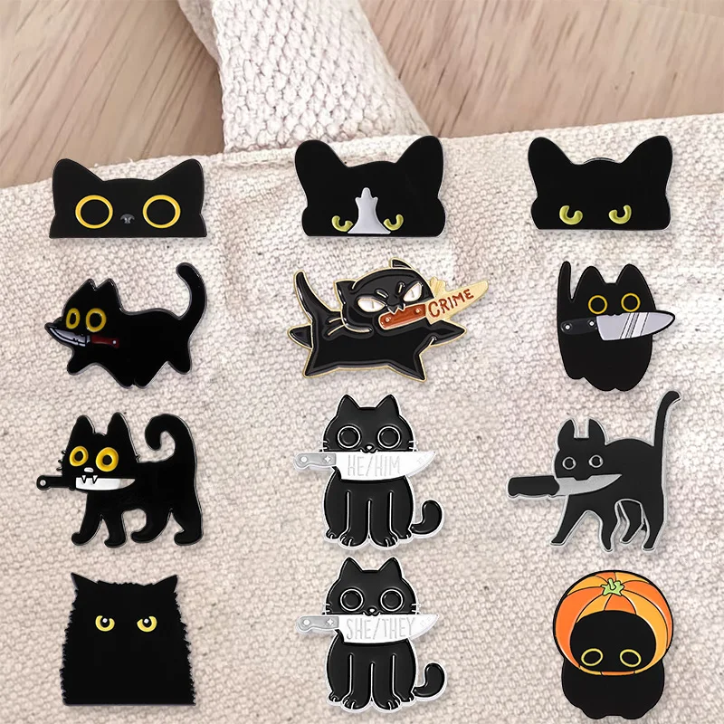 Gothic Black Cat Knife Quote Enamel Badges Collection Funny Skull Pin Alloy Brooches Jewelry Gifts For Punk Accessory