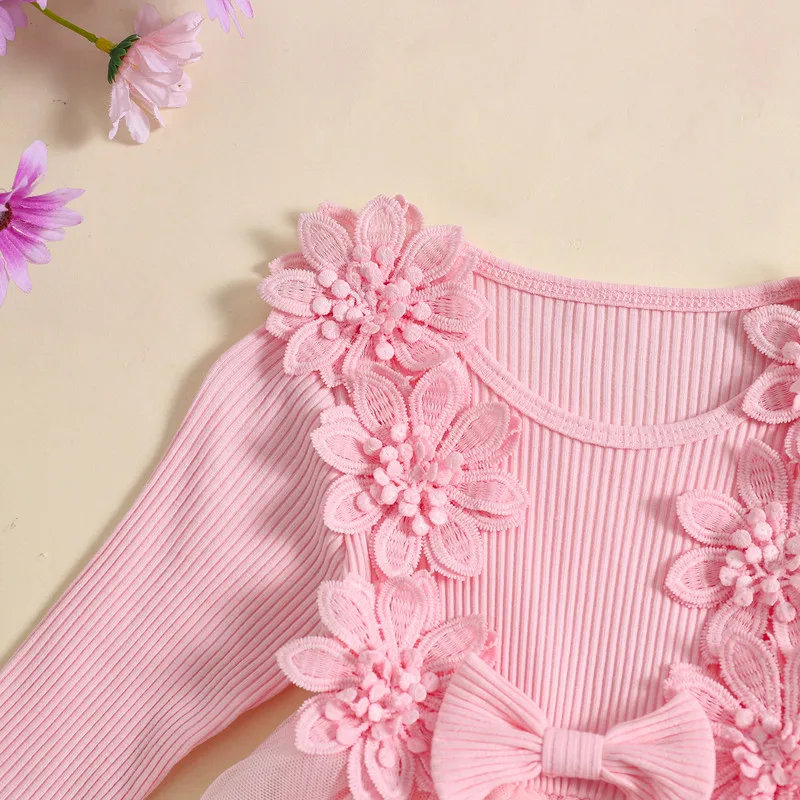 RUEWEY 0 to 18 Months Baby Girl Bodysuit Cute 3D Bow Flower Long Sleeve Patchwork Lace Ribbed Jumpsuit Baby Clothing