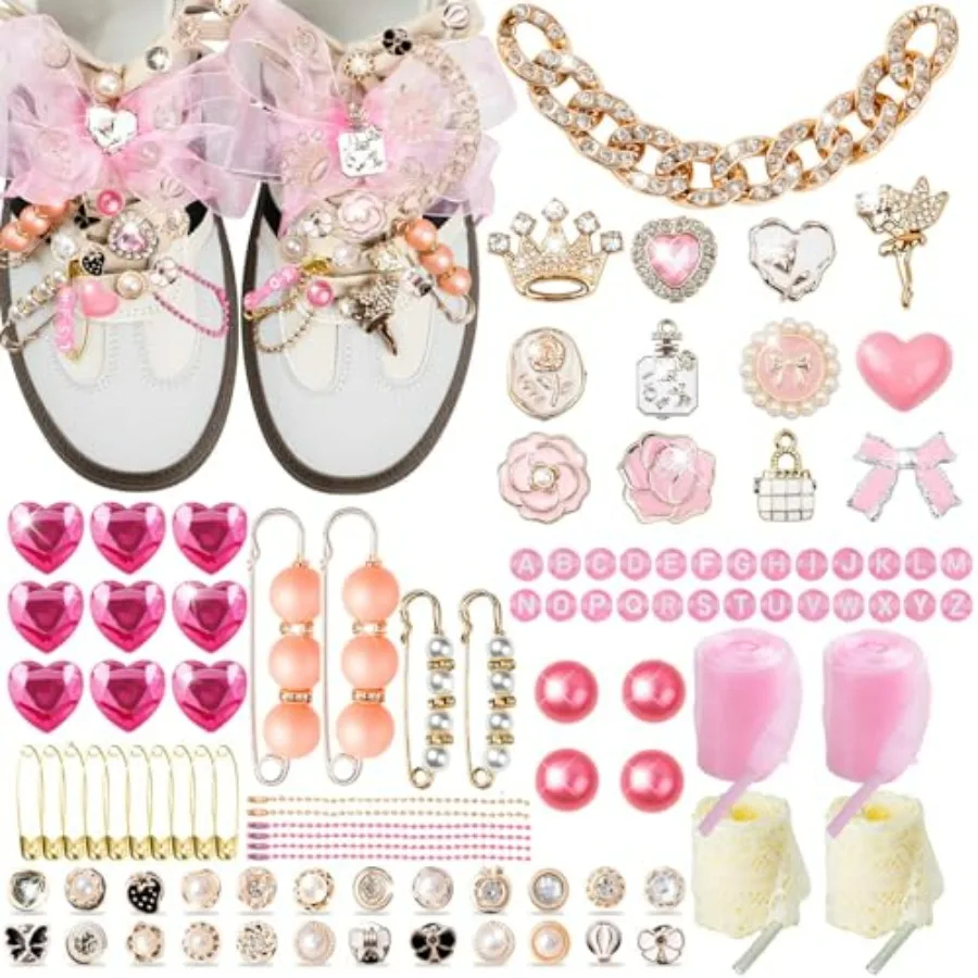 

218 Pcs Shoe Charms for Sneakers, Junk Socks Charms Kit with Lace Shoelaces, Pink DIY Accessories for Decorating, Sock Jewelry