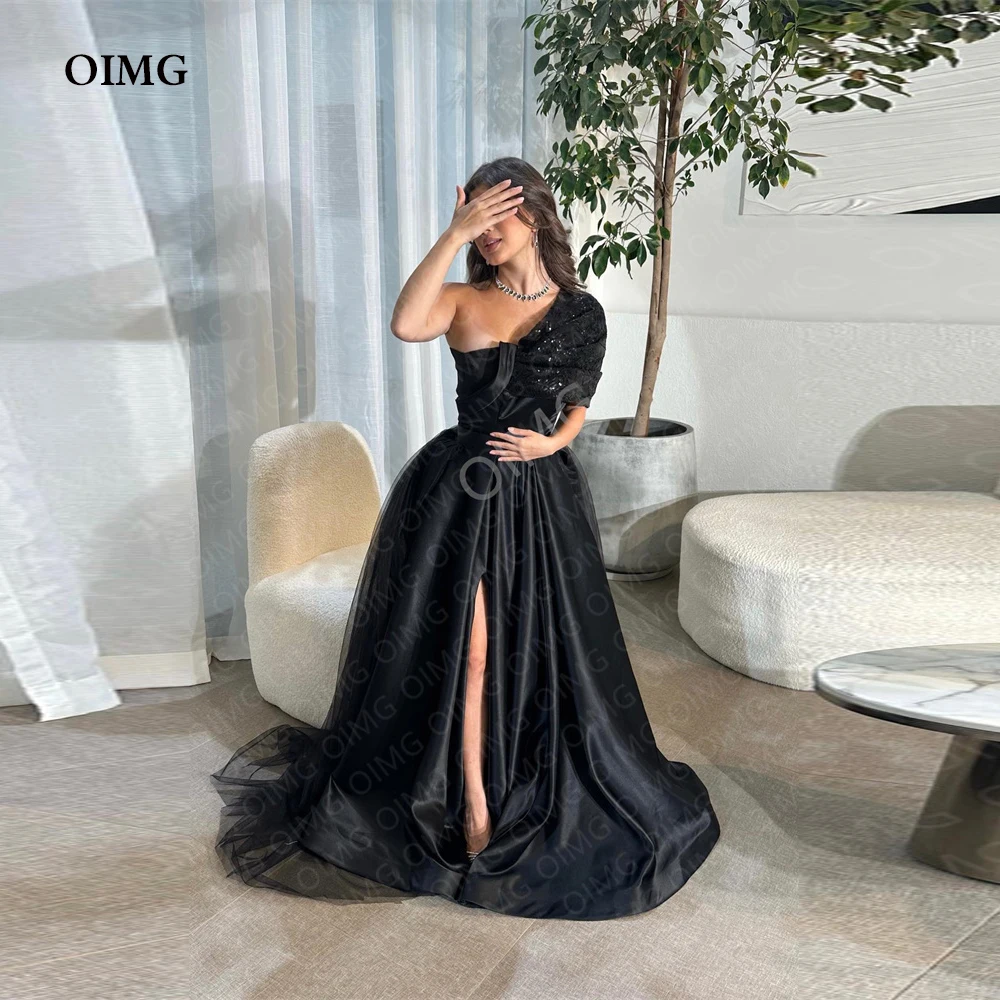 

OIMG Black Sequins One Shoulder Formal Event Party Dresses Sleeveless A Line Side Split Custom Evening Gowns Night Club Dress