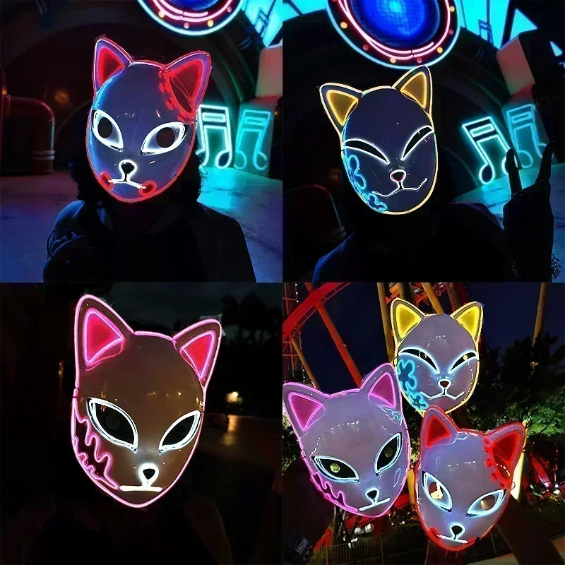 Máscara luminosa do guerreiro de néon dos desenhos animados japoneses, LED Fox, Halloween Devil Killer, Máscara de RPG, Novo
